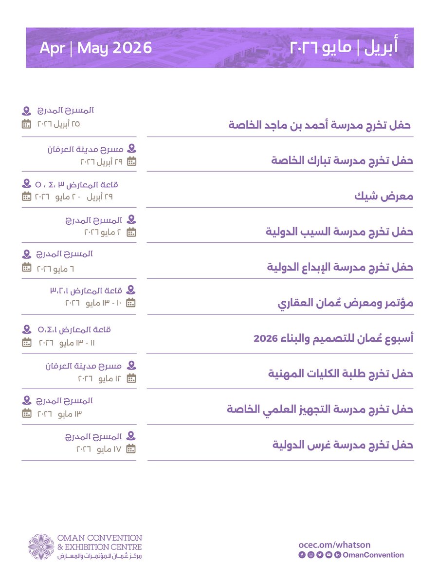 OmanConvention's tweet photo. استكشفوا رزنامة الفعاليات القادمة لشهري أبريل ومايو في مركز عُمان للمؤتمرات والمعارض 🗓️

Explore the upcoming events calendar for April and May at #OCEC 🗓️

اطلعوا على التفاصيل وكونوا جزءا من الحدث ✨
Check the details and be part of the event ✨

#هنا_يلتقي_العالم
#WhereTheWorldMeets
#OCEC