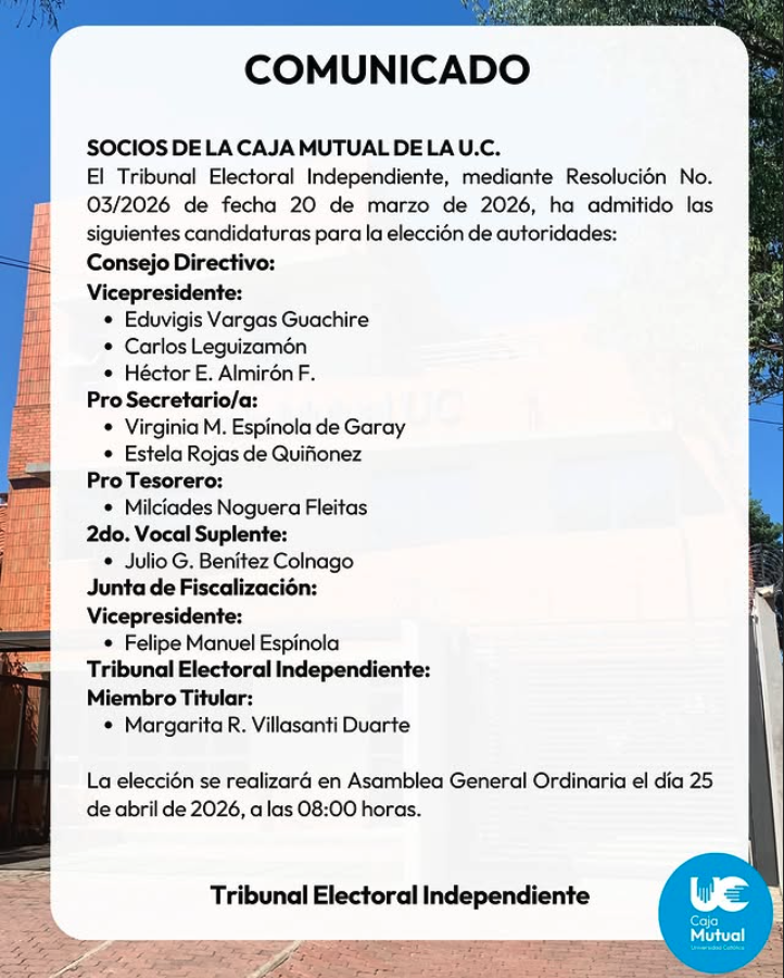 CajaMutualUc's tweet photo. Mañana se lleva a cabo la Asamblea General Ordinaria a las 08:00 hs. Compartimos las candidaturas admitidas por el Tribunal Electoral Independiente mediante Resolución N° 03/2026 para la elección de autoridades. Consultá el padrón y toda la información en https://t.co/kZMAvusaII https://t.co/HZ3xBcXG8X