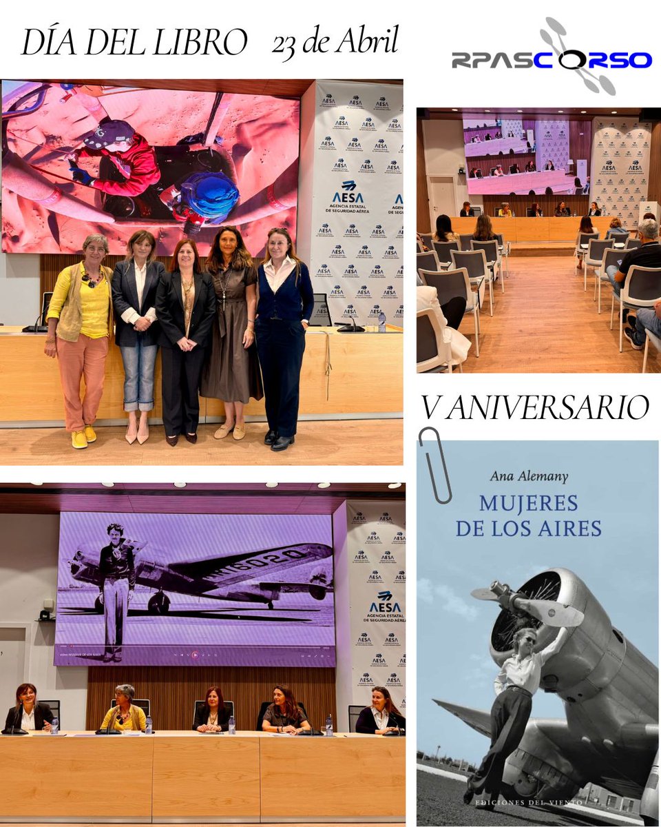 RPASCORSO1's tweet photo. El #DíaDelLibro, Ana Alemany presentó en @AesaSpain  su libro “Mujeres de los Aires”, junto a algunas protagonistas como Consuelo Arto (piloto comercial), María Luisa Cabañeros (piloto de globos aerostáticos) y Sonia García, pionera en la instrucción de pilotos de drones. https://t.co/1J0Vy418qn