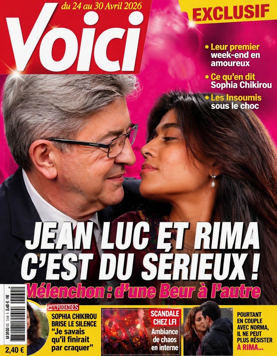 SitgesFranck's tweet image. C’est officiel ! Jean Luc et Rima c’est du sérieux ! Mélenchon : d’une beur à l’autre. Chikirou se confie.Les Insoumis sous le choc.Rima Hassan 1e dame en cas de victoire de Mélenchon . Une édition spéciale de «Voici» pour mieux comprendre les enjeux #Melenchon #Rimahassan #LFI