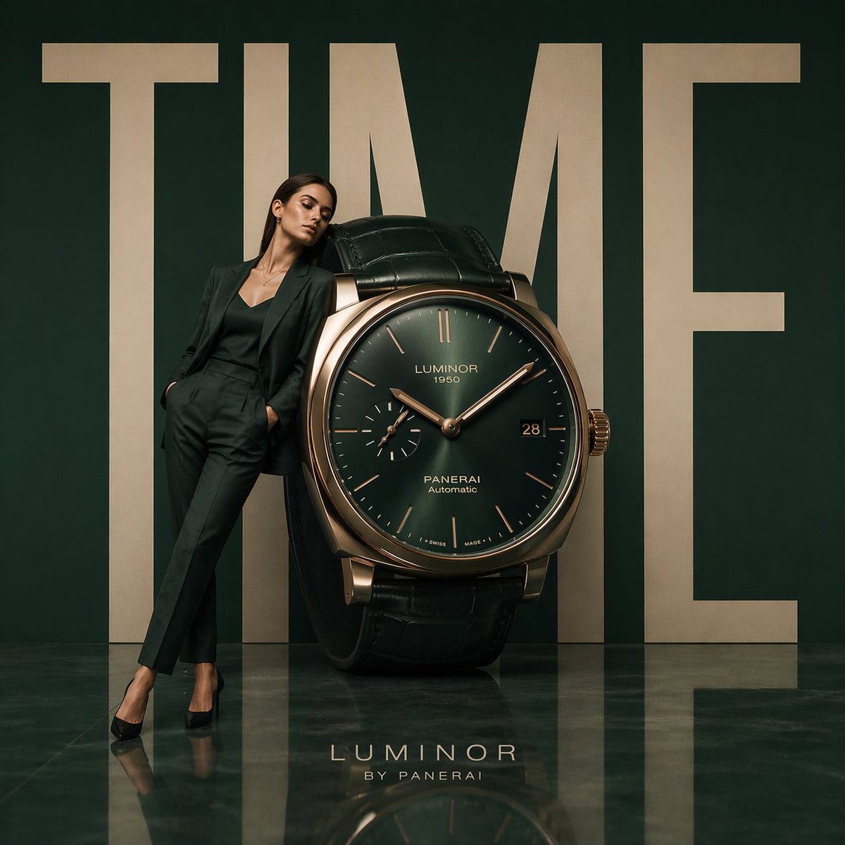 GPT Image 2 on ChatGPT 

Prompt :

Minimalist luxury watch campaign, oversized wristwatch positioned like modern sculpture, model leaning against the dial, giant word “TIME” in bold typography behind, deep emerald studio background, reflective polished floor, Swiss luxury