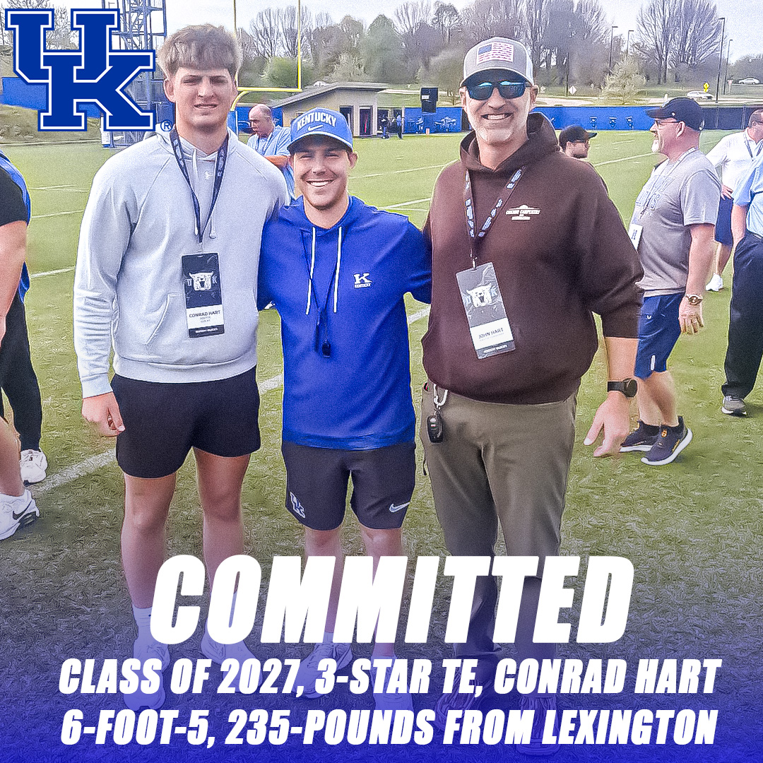 CBeasmoreSports's tweet photo. Kentucky football just added more in-state fire to the future.

Class of 2027, 3-star TE Conrad Hart has committed to Kentucky.

Hart is a 6-foot-5, 235-pound tight end out of Lexington (Ky.) Lexington Christian Academy.

Another key piece locked in for the future of the Wildcats. 😼 #BBN