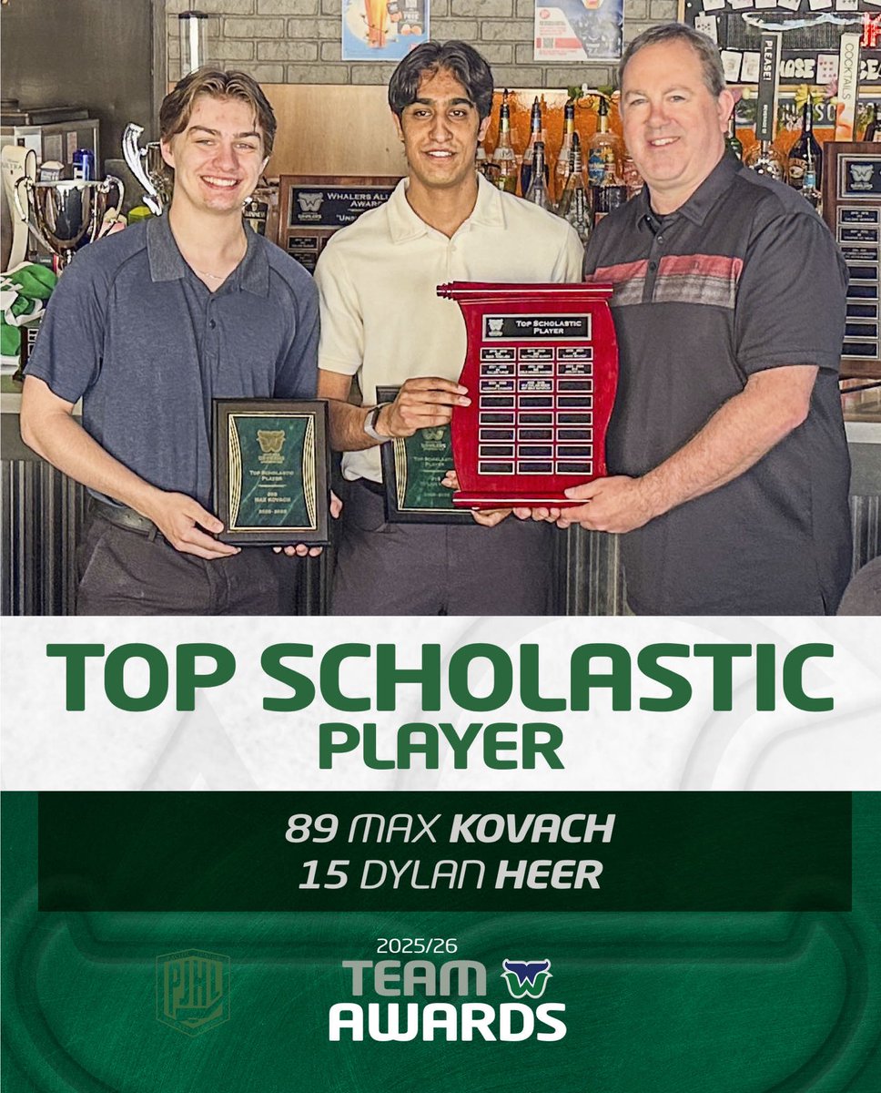 WRWhalersHockey's tweet image. We would like to congratulate Dylan Heer and Maxwell Kovach on being awarded the Top Scholastic Player trophy, presented by Whalers Owner Chris McNally!

Congratulations Max and Dylan!

#WhalersAwardsBanquet
#RidetheWave 
@ThePJHL