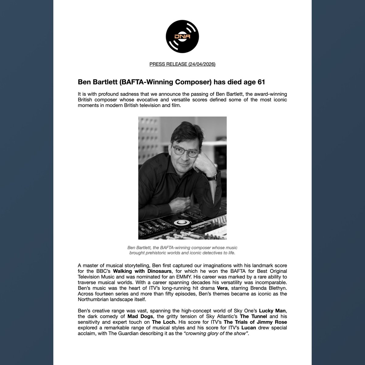 DNAMUSICLTD's tweet photo. It’s with heavy hearts we share the very sad news of the passing of the award-winning British composer Ben Bartlett 

We would be grateful for your help in sharing this news and celebrating Ben’s extraordinary music and legacy ♥️ https://t.co/emOiaBxrwM