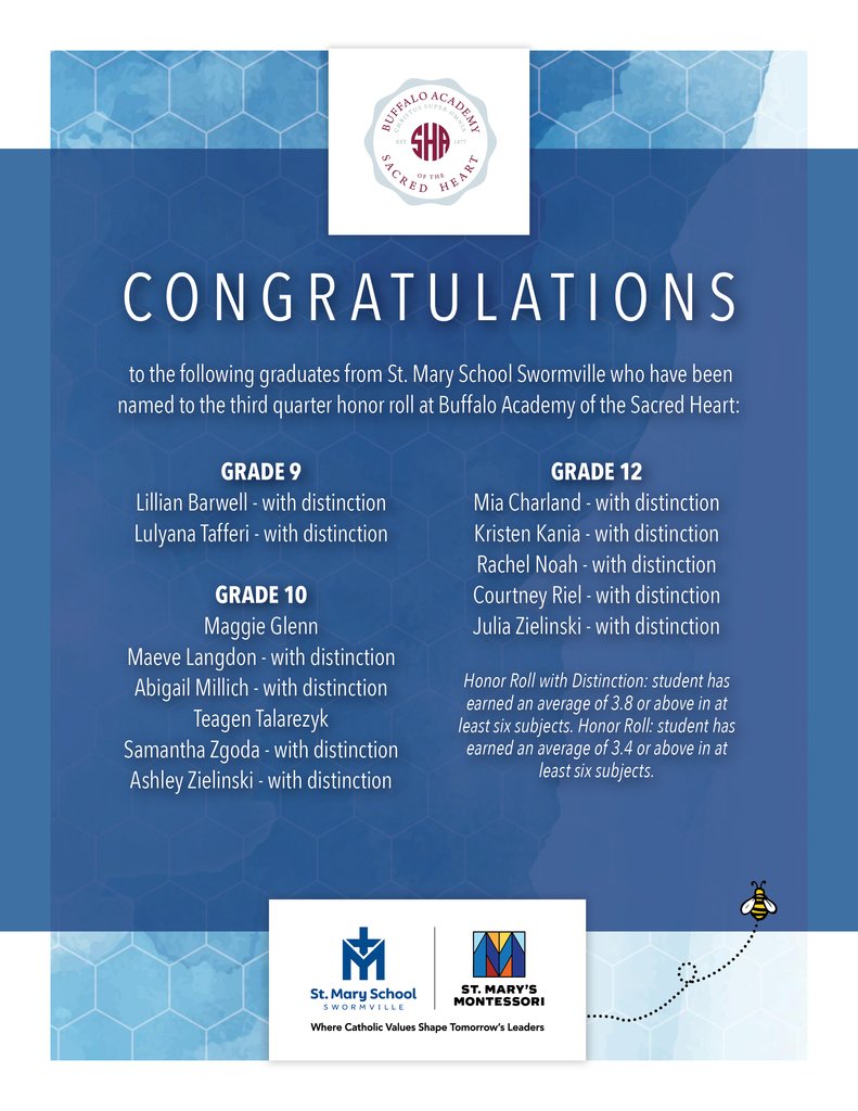 SMSSwormville's tweet image. CONGRATULATIONS  to the following SMS graduates who have been named to the third quarter honor roll!

#SMStheplacetoBEE #HonorRoll #KNOWLEDGE #alumni #alumninews
