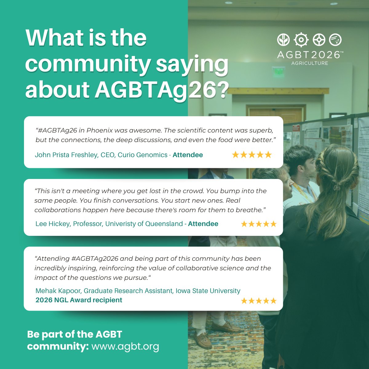 agbt's tweet image. What is the community saying about #AGBTAg26?
Great conversations, meaningful connections, exceptional science, and great food. 

Be part of the AGBT Community: hubs.ly/Q04dnqNn0

#AGBTAg26 #testimonials #AgGenomics