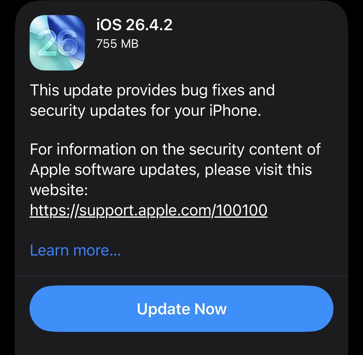 terserada's tweet photo. updating to iOS26.4.2. https://t.co/e7AH4bUjbQ