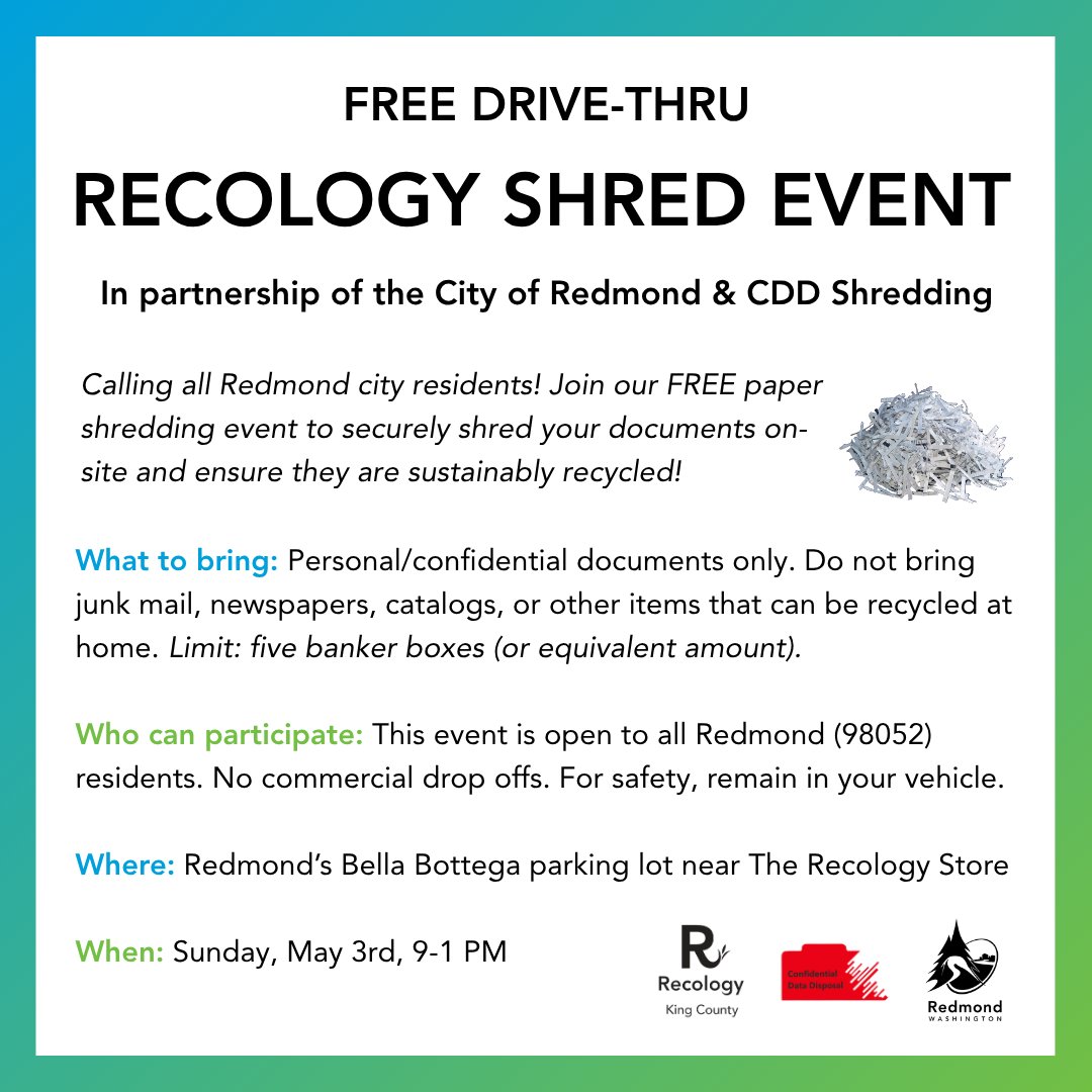 RecologyKC's tweet photo. Are you a Redmond (98052) resident? Recology and the City of Redmond are hosting a free paper shredding recycling event on May 3rd from 9-1PM! CDD will shred your secure documents on the spot then sustainably recycle them. See you there ♻️ https://t.co/3G4089b6yC