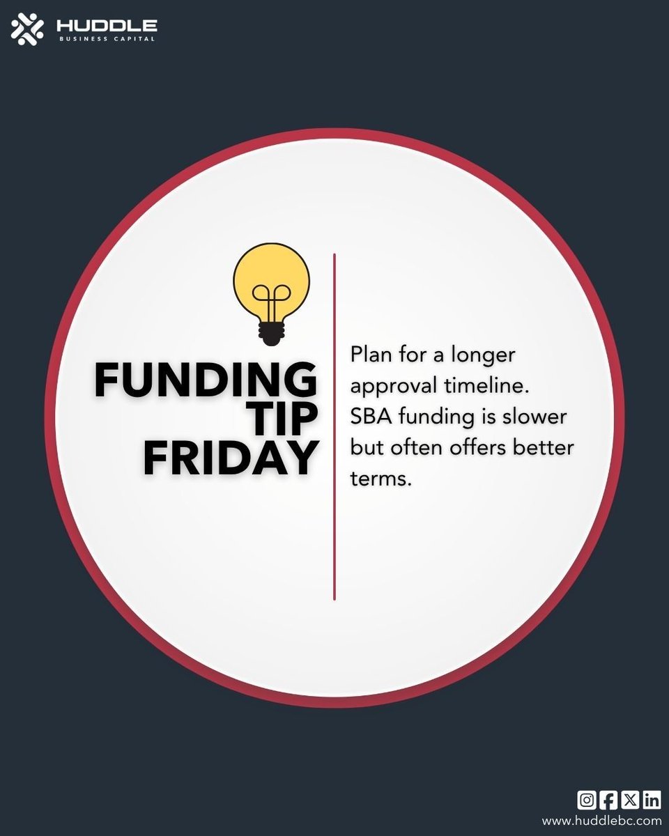 HuddleBizCap's tweet photo. 💡Funding Tip Friday: Good funding takes time. SBA loans may have a longer approval process, but they often come with better terms and lower costs.

#BusinessFinance #FundingTips #SBAFunding https://t.co/945KGHBmx2