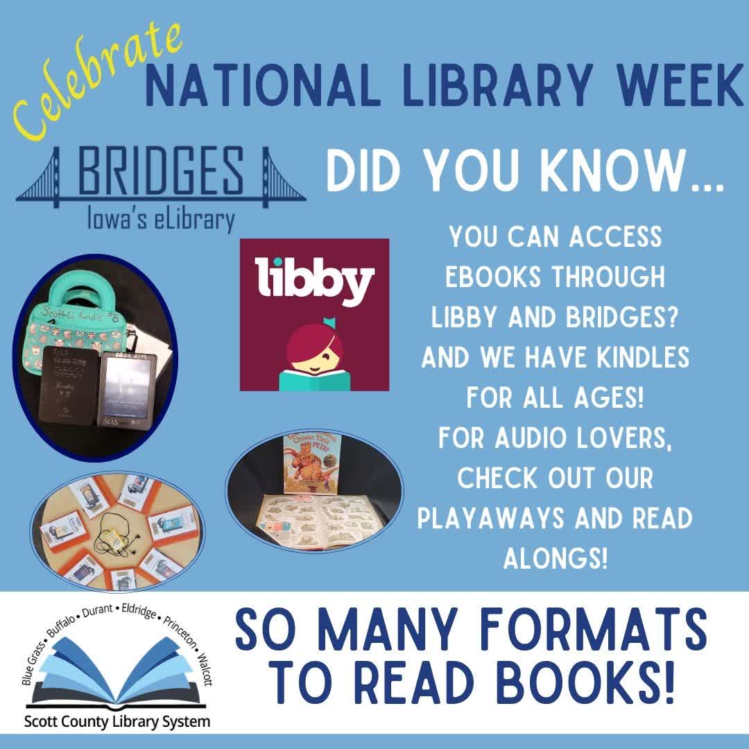 Happy National Library Week! Do you love audiobooks or ebooks? We got you covered! Your library card can access Libby &amp; Bridges, and we have unique formats such as kindles, playaways, and read alongs you can check out! Find your ... bit.ly/sclsbeyond bit.ly/godigitalSCLS