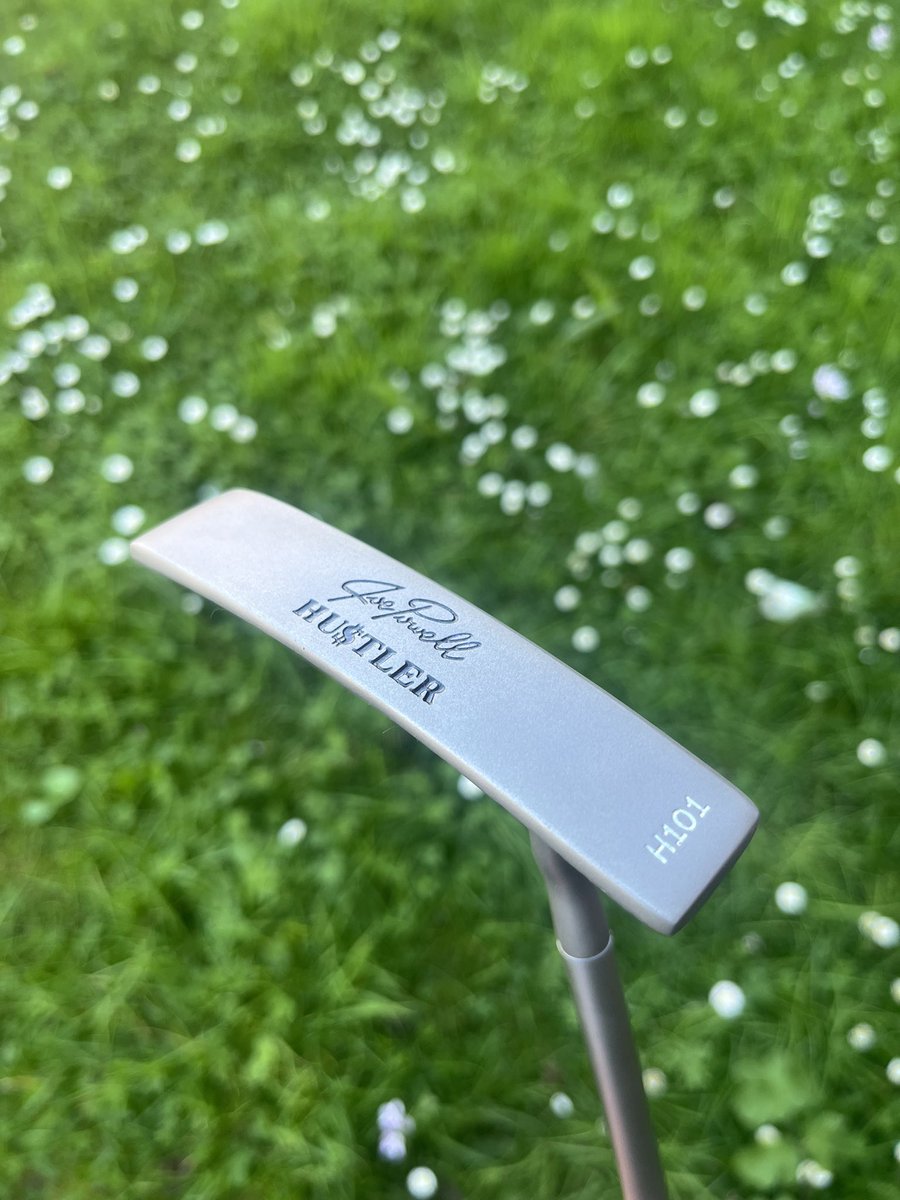 JoePowellGolf's tweet photo. Original Joe Powell HU$TLER 😀 little bit of hand stamping, new finish, milled face and a silver, black and white paintfill. We have added a fluted bullseye satin shaft which provides great feel and feedback. A fantastic flat stick. https://t.co/iG6yq8FT4C