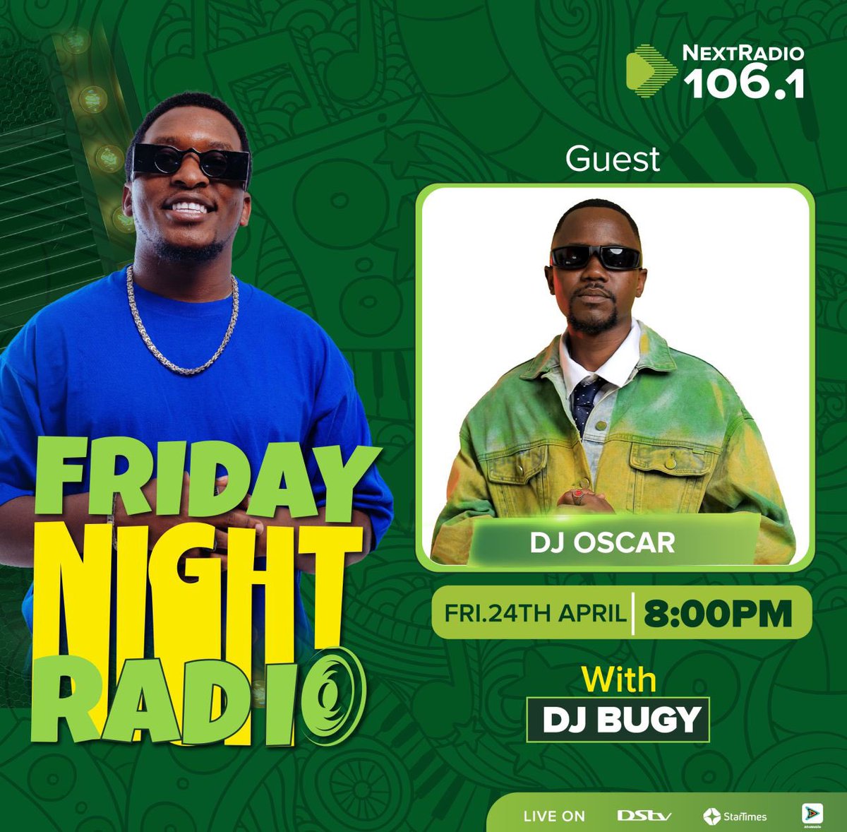 deejaybugy's tweet photo. Friday Night Radio is on @nextradio_ug at 8pm 

Tune in and jam with Lukas,Jiran, OG and dj Oscar. 

You can also join us at the park for a good time tonight🥂

#NextFNR #WeDoWe https://t.co/TlZaNhkjNe