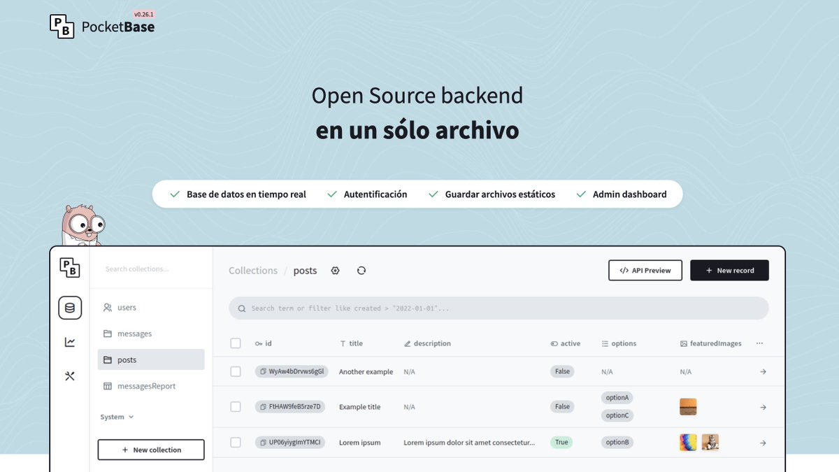 ¡Una alternativa a Firebase y Supabase!
Se llama PocketBase. Gratuita y de código abierto.

✓ Auth y subida de archivos
✓ Base de datos en tiempo real
✓ Panel de administración integrado

Con SDK para JavaScript. ¡Hospédalo donde quieras!
→ pocketbase.io