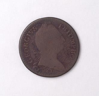 PHMC's tweet image. We couldn’t let #NationalCoinWeek sneak by without throwing a spotlight on the Georgius Triumpho Coin, a Pennsylvania Treasure on display in the The State Museum of Pennsylvania’s exhibit, “Revolutionary Things: Objects from the Collection.” This coin was struck in 1783 to
