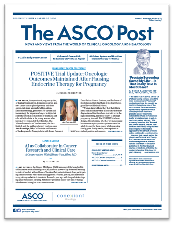 ASCOPost's tweet photo. 🆕 The April issue of The ASCO Post is LIVE, featuring highlights from #MBCC26, #GI26, #GU26; perspectives on #prostatecancer screening; an interview with @VanAllenLab on #AI in #cancerresearch; and MORE! 

Read the full issue 👉 https://t.co/5fObByvTBN https://t.co/iaAjptMU9q