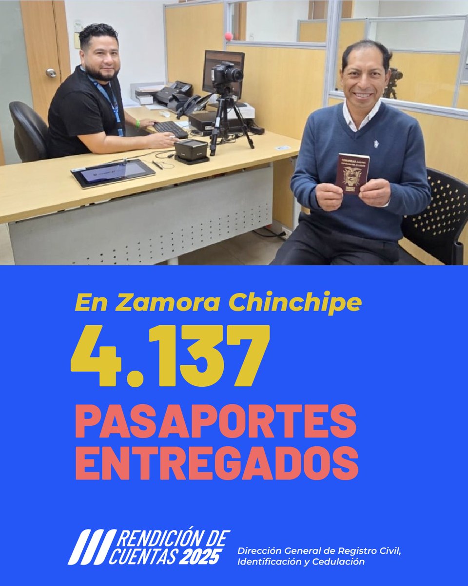 RCivil_Zona7's tweet photo. 🙌 Trabajamos día a día para que accedas a servicios eficientes: Cédulas 🪪, pasaportes🛂, inscripción de nacimiento👶, #BrigadaMóvil, entre otros.

📊Conoce los resultados alcanzados en Zamora Chinchipe en esta #RendiciónDeCuentas2025.

#ElNuevoEcuador 🇪🇨 https://t.co/01FyGrsYei