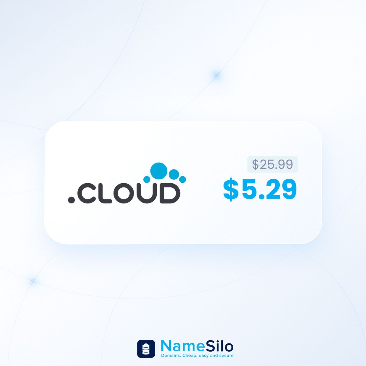 namesilo's tweet image. Reach for the .CLOUD ☁️

First-year registrations are just $5.29. The perfect choice for SaaS, tech startups, and big ideas. 

Upgrade your space 🔗 buff.ly/ub1MyQH 

#CloudComputing #SaaS #DomainDeals
