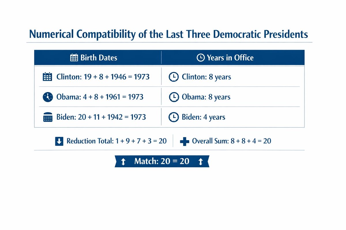 number_393939's tweet image. 3 Democratic presidents:
Their birth dates:
Clinton (19+8+1946=1973)
Obama (4+8+1961=1973)
Biden (20+11+1942=1973)
Each → 1973 → 1+9+7+3=20
Years in office: 8+8+4=20
Perfect match: 20=20 🔢
#Numerology #Clinton #Obama #Biden