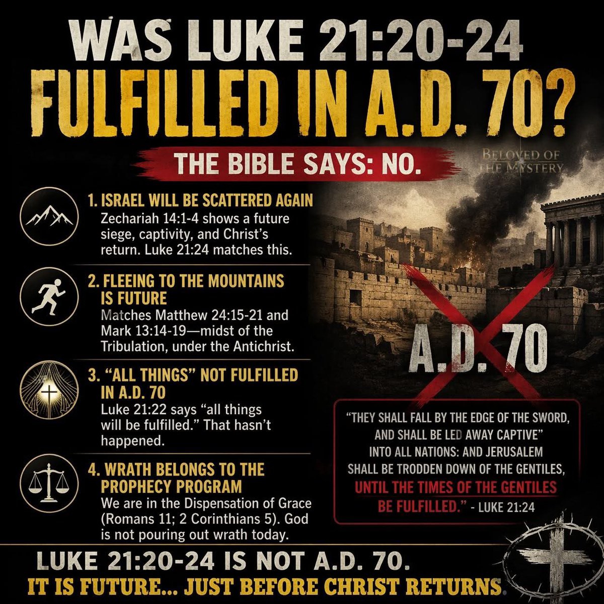 WAS LUKE 21:20–24 REALLY FULFILLED IN A.D. 70?

Beloved, this is one of those topics where people speak confidently—but rarely stop and ask the only question that actually matters:

👉 What saith the Scripture?

You’ve heard it before—“A.D. 70 fulfilled Jesus’ prophecy.”
But does
