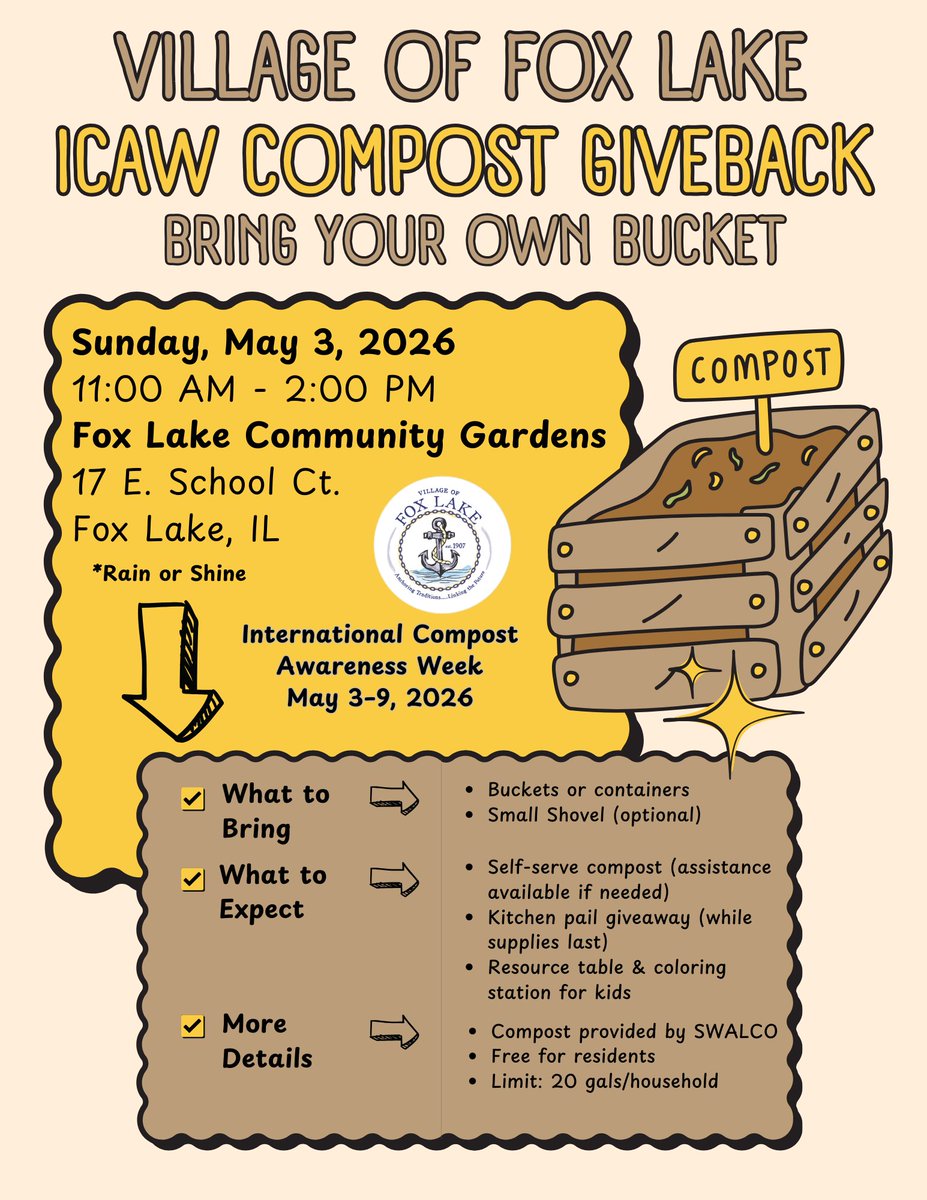 FoxLakeIL's tweet image. Get Ready to Grow, Fox Lake! 🌿 Join us May 3 for free compost, fun, and tips with @SWALCO! #ICAW #Compost