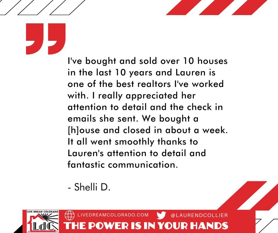 LaurenDCollier's tweet image. "I've bought and sold over 10 houses in the 10years and Lauren is one of the best realtors I've worked with." - Shelli D.
Read our reviews: livedreamcolorado.com/reviews/
#ThankYou #ClientSatisfaction #FeedbackFriday #ColoradoSprings