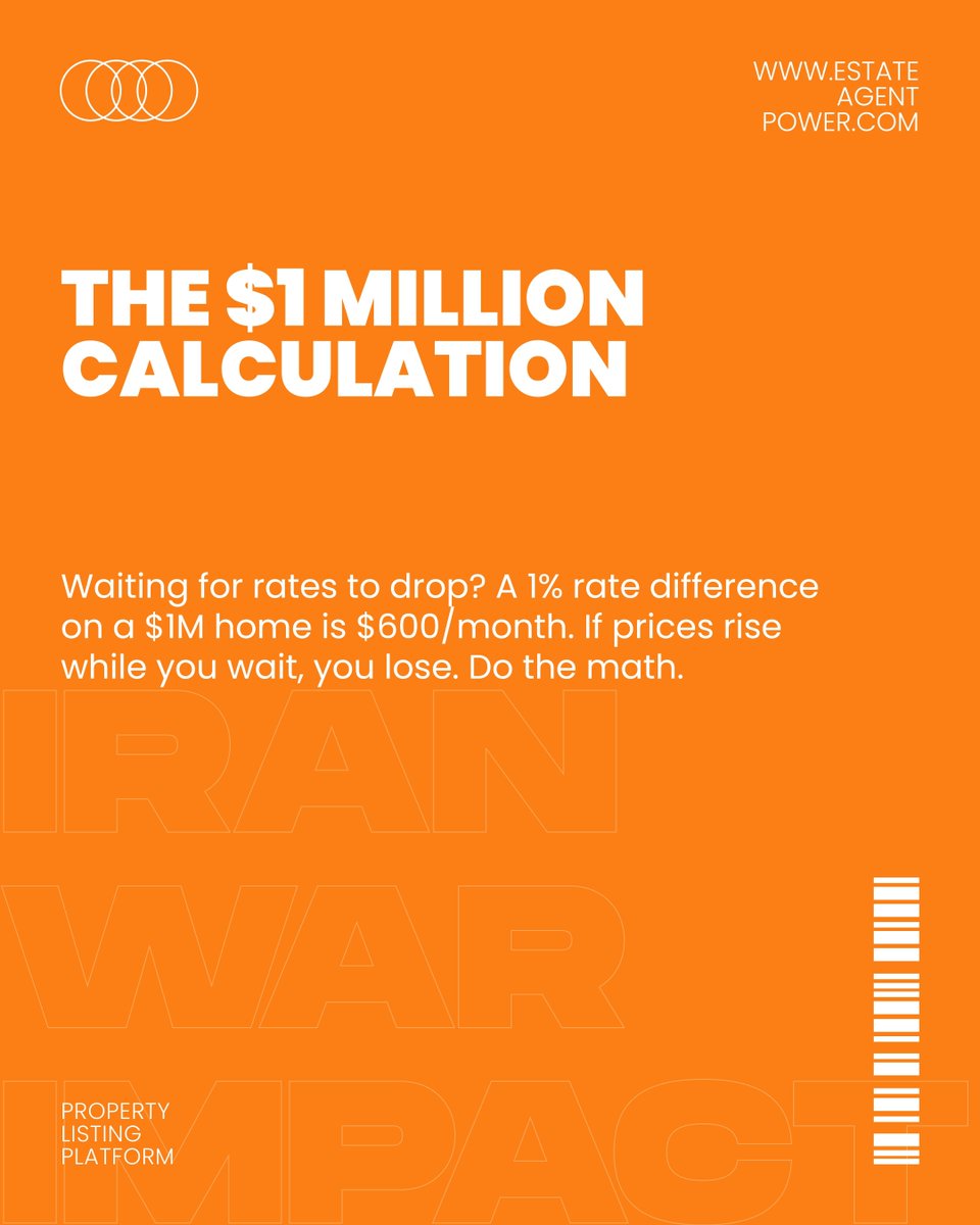 Estateagentpow1's tweet image. The $1 Million Calculation 💰

Waiting for rates to drop? A 1% rate difference on a $1M home is $600/month. If prices rise while you wait, you lose. Do the math.

#MortgageMath #FinancialPlanning #HomeOwner #RealEstateTips
