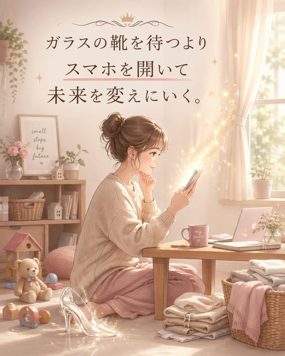 Yochan_22's tweet photo. シンデレラって、
ただ王子様に選ばれた話じゃないと思う。

毎日、家のことに追われて
自分の気持ちは後回し。

本当は変わりたいのに、
「私には無理」って思い込んでた。

でも、きっかけがあって
外の世界を見に行ったから人生が動いた。

これ、在宅ワークも同じで。

家にいるから何もできない。
子どもがいるから動けない。
時間がないから変われない。

そう思ってたとしても、
家にいながらできる働き方を知るだけで
未来の選択肢って増える。

在宅ワークの良いところは、
“今の生活を全部捨てなくても始められる”ところ。

子どものそばにいながら、
家事の合間に、
自分のペースで進められる。

魔法みたいに一瞬で変わるわけじゃない。

でも、毎日少しず���
自分の未来を作っていける。

ガラスの靴を待つより、
スマホを開いて一歩進む方が
今の時代っぽい��ね。