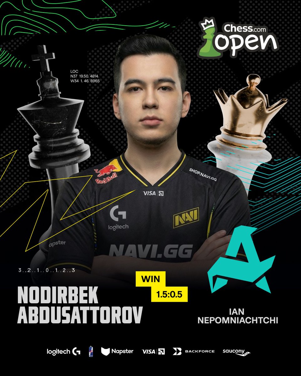 NAVIChess's tweet photo. One down, one to go! @NodirbekGM  defeats Ian and moves on to face Vitality's MVL. #navination https://t.co/6gQw3KoCjK