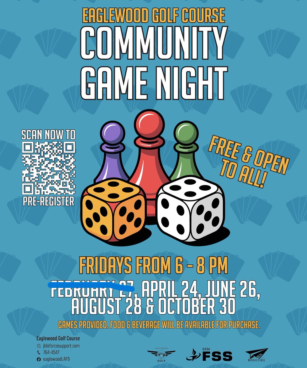 GolfEaglewood's tweet image. We have our Community Game Night tonight from 6 PM to 8 PM! 🎲 Bring your friends and join us for a fun-filled evening with games provided for everyone to enjoy. We’ll have food and beverages available for purchase. See you there! 🎉 #GameNight #ProShop #Free
