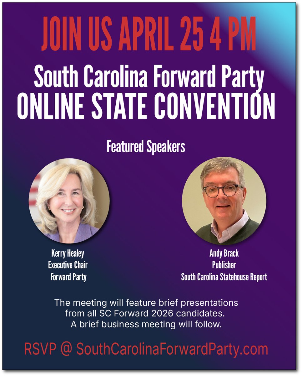 scfwd's tweet image. 🌟 Join us for the SC Forward Party 's Online State Convention, April 25 at 4 p.m.! 📅 Save the date - RSVP now at southcarolinaforwardparty.com/2026_state_con…  

#ForwardParty #RSVP #SC Forward Party