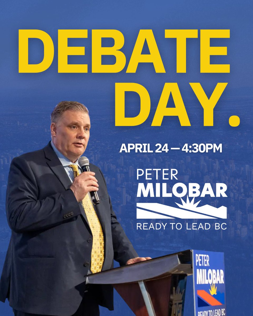 PeterMilobar's tweet image. Tune in at 4:30pm TODAY!

Hear my plan to restore BC, rebuild our economy, lower costs for families, and deliver real results from day one as your next Premier.

Watch the debate here: youtube.com/watch?v=-ucEYd…

#bcpoli #readytoleadbc