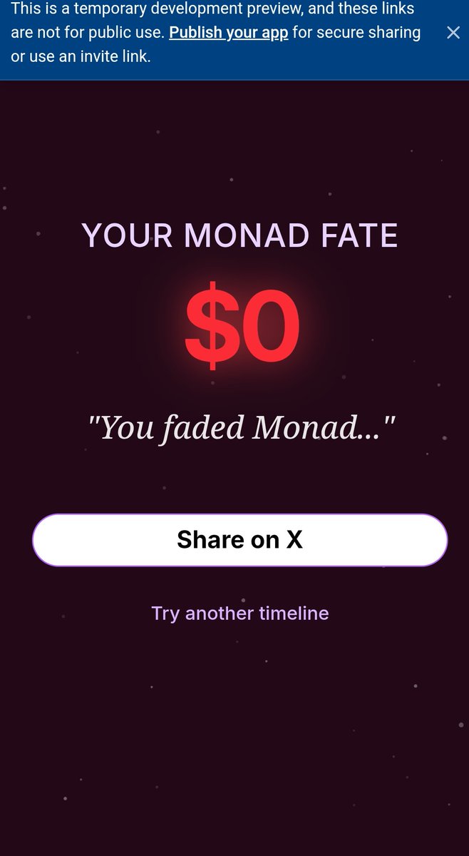 yu_mon00's tweet image. I pressed the Monad Fate Button…

and got $0 😭

"You faded Monad..."

Try it 👇
monad-fate-reveal.replit.app

What did you get?

#Monad #Build