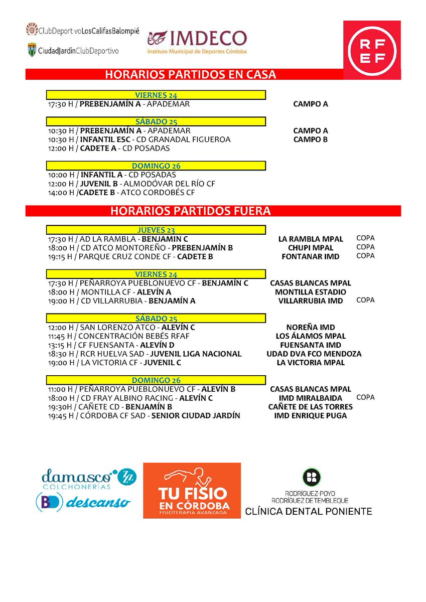 WebLosCalifasCF's tweet photo. Comienza un fin de semana de partidos que puede ser muy importante ya que el Cadete A opta al ascenso matemático a 2ª División. Mañana sábado 12h frente a Posadas. Ven a Poniente!!!!
Patrocinado por Colchonerías Damasco &amp; BD descanso, Tu Fisio en Córdoba y Clínica Dental Poniente https://t.co/lWgk60CNvo