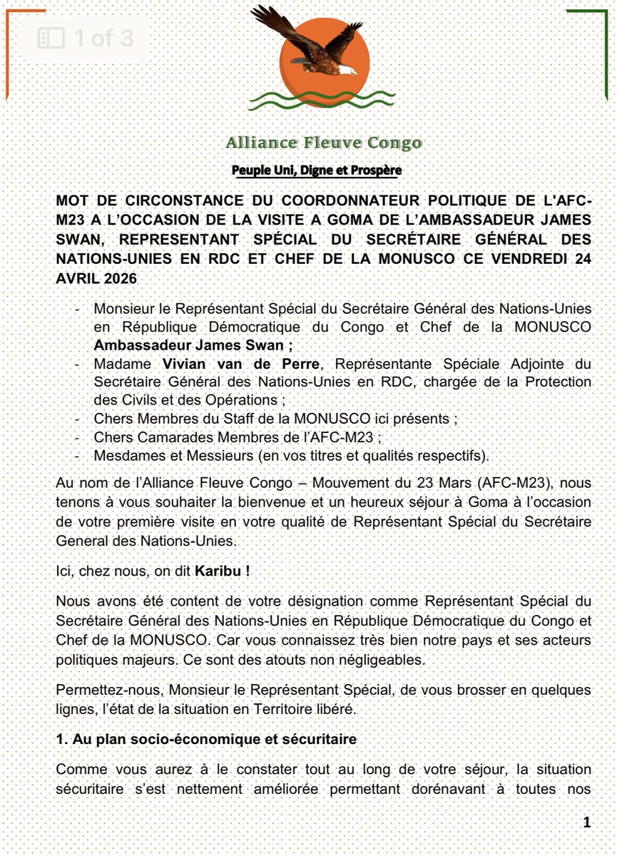 LawrenceKanyuka's tweet image. MOT DE CIRCONSTANCE DU COORDONNATEUR POLITIQUE DE L'AFC-M23 A L'OCCASION DE LA VISITE A GOMA DE L'AMBASSADEUR JAMES SWAN, REPRESENTANT SPÉCIAL DU SECRÉTAIRE GÉNÉRAL DES NATIONS-UNIES EN RDC ET CHEF DE LA MONUSCO CE VENDREDI 24 AVRIL 2026 ⤵️