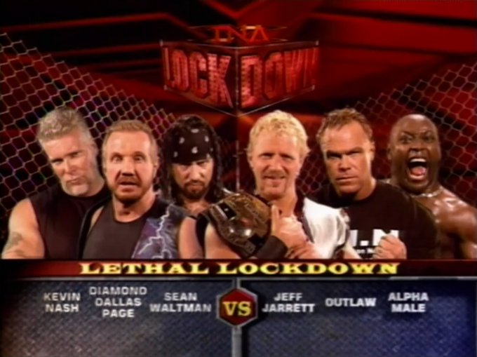 wrestle_hist's tweet image. 4/24/2005   

Team Nash defeated Team Jarrett in a Lethal Lockdown Match at Lockdown from the Impact Zone in Orlando, Florida. 

#TNA #Lockdown #TeamNash #KevinNash #DiamondDallasPage #SeanWaltman #XPac #TeamJarrett #JeffJarrett #Outlaw #BillyGunn #MontyBrown #LethalLockdownMatch
