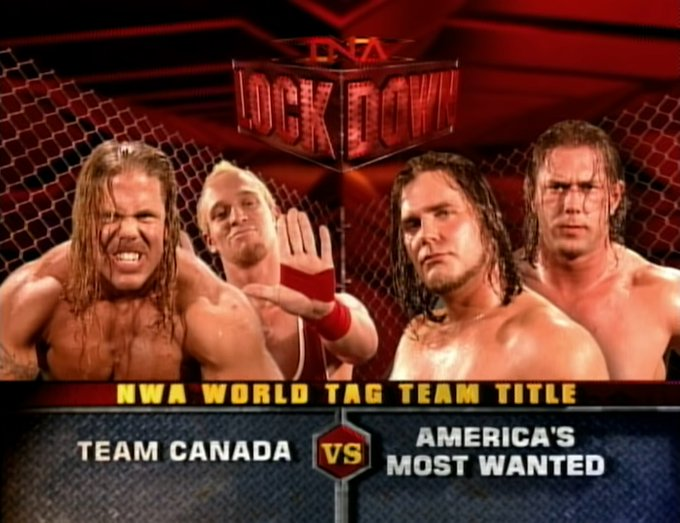 wrestle_hist's tweet image. 4/24/2005   

America's Most Wanted defeated Team Canada in a Steel Cage match to retain the NWA World Tag Team Championship at Lockdown from the Impact Zone in Orlando, Florida.  

#TNA #Lockdown #AMW #ChrisHarris #JamesStorm #TeamCanada #EricYoung #PeteyWilliams