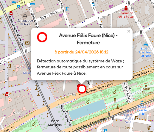 Waze06Nice's tweet photo. 🚧 Détection automatique de fermeture de route
⛔ Avenue Félix Faure fermée à Nice
👉 Raison inconnue, durée inconnue https://t.co/IakLId5ChB