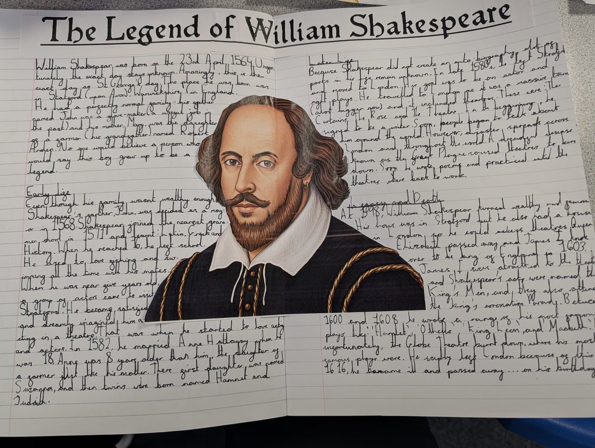 BarkerendPLA's tweet photo. 5RS have produced some excellent biographies of William Shakespeare in their writing lessons #weareStar https://t.co/eAZtRUIiIv