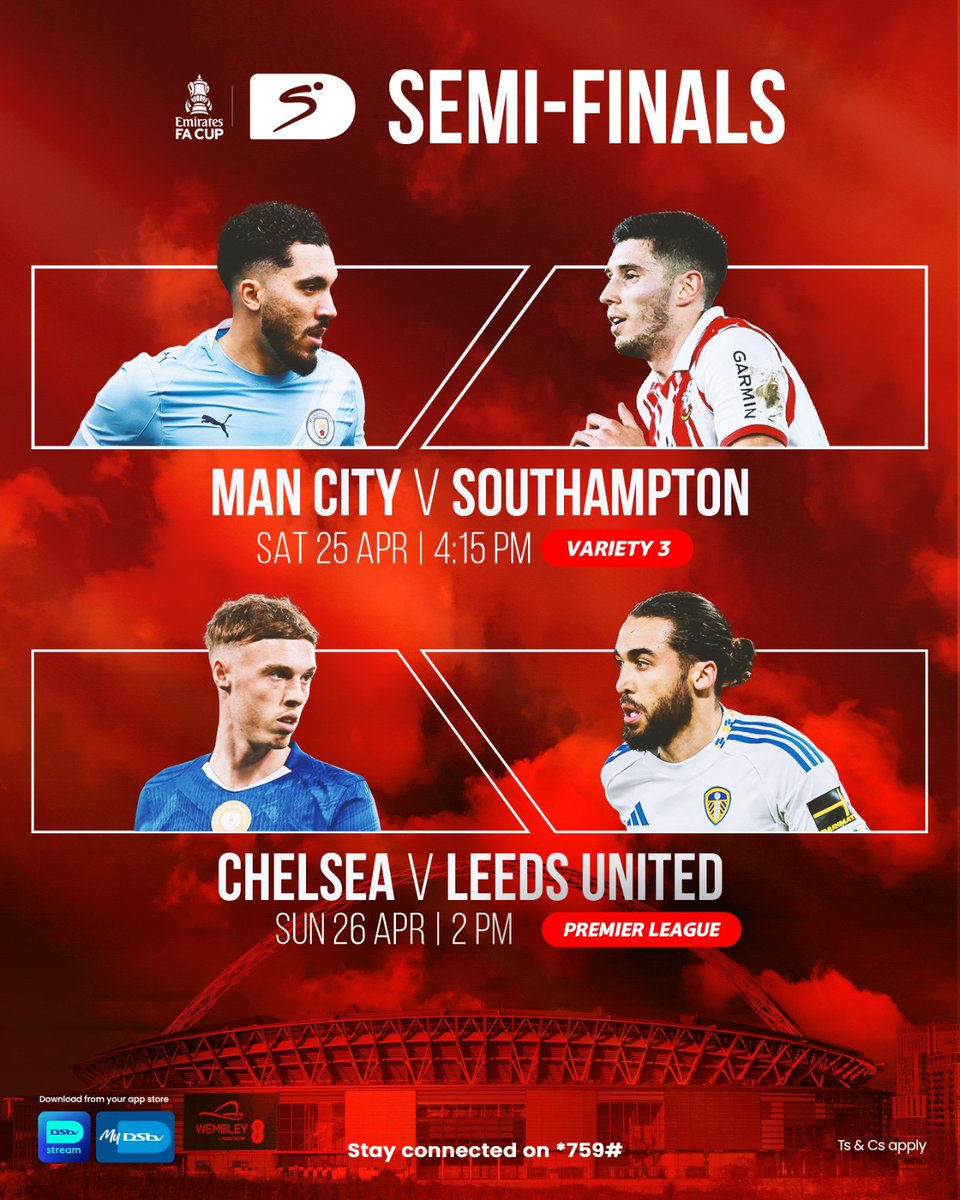DStv_Ghana's tweet photo. It’s do-or-die in the #FACup semi-finals! 🔥🏆
Man City, Southampton, Chelsea, Leeds… only two can make the final. 👀
Who are you backing to reach the final?
📲 Download the MyDStv App and subscribe on #DStvCompact to watch all the drama LIVE in HD on SuperSport! #ItsONDStv https://t.co/pK9kFi6lIP