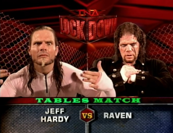 wrestle_hist's tweet image. 4/24/2005    

Jeff Hardy defeated Raven in a Steel Cage Tables Match at Lockdown from the Impact Zone in Orlando, Florida. 

#TNA #Lockdown #JeffHardy #CharismaticEnigma #Raven #RavensFlock #Nevermore #SteelCageTablesMatch