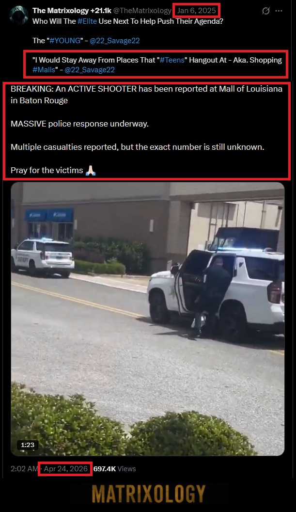 TheMatrixology's tweet image. "I Would Stay Away From Places That "#Teens" Hangout At - Aka. "Shopping #Malls" - @22_Savage22 
__

"BREAKING: An ACTIVE SHOOTER has been reported at #Mall of Louisiana in Baton Rouge"

x.com/nicksortor/sta…

#TheMatrixology
