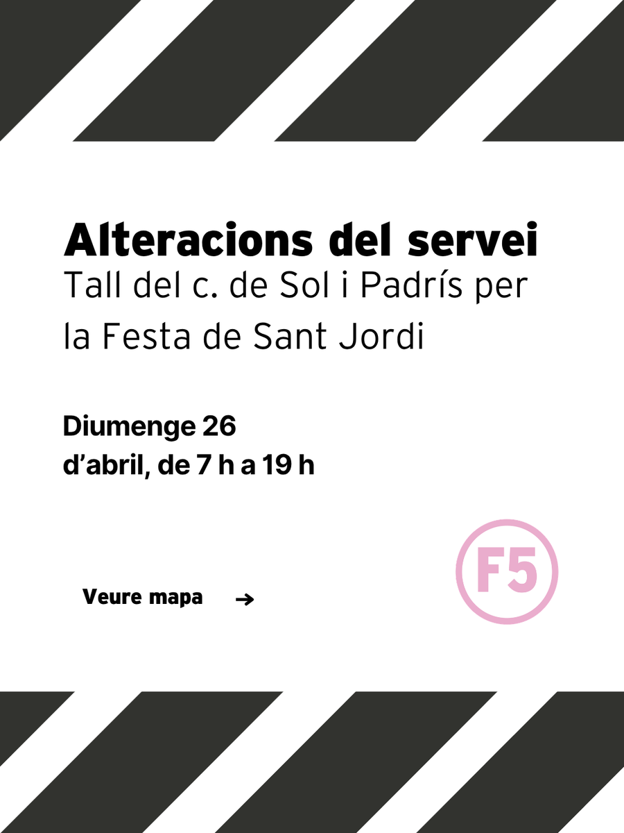 tussccl's tweet image. ⚠️🚧🚍 Afectació a la línia #F5 amb motiu del tall del c. de Sol i Padrís per la Festa de Sant Jordi.

📅 Diumenge 26 d'abril
⌚ De 7 h a 19 h aprox.

👉 Desviament pel c. de Brutau i l'av. de Barberà.

#TusSabadell