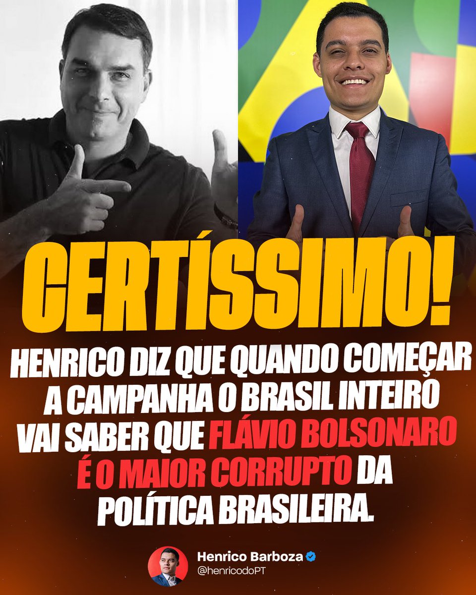henricodopt's tweet photo. 🚨CERTÍSSIMO! Henrico diz que quando começar a campanha o Brasil inteiro vai saber que Flávio Bolsonaro é o MAIOR CORRUPTO da política brasileira. 🔥🔥 https://t.co/4HSQiXJQf4