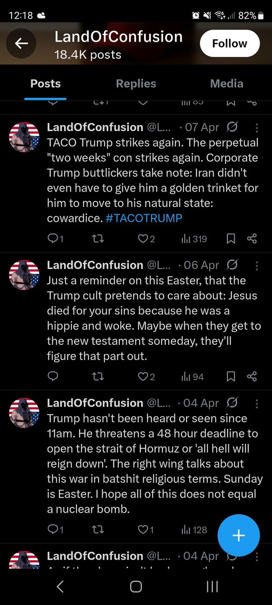 Slimbonezz's tweet photo. @LandOfConfused @DianeToucan You're actually retarded dude 🤣 you said on April 4th "I hope this doesn't end in nuclear war", then on the 7th making your "taco strikes again" post about him not nuking Iran. Your entire page is a cesspool of propaganda and unfounded claims, but surely you're not a cultist... https://t.co/5tek8VSPfa