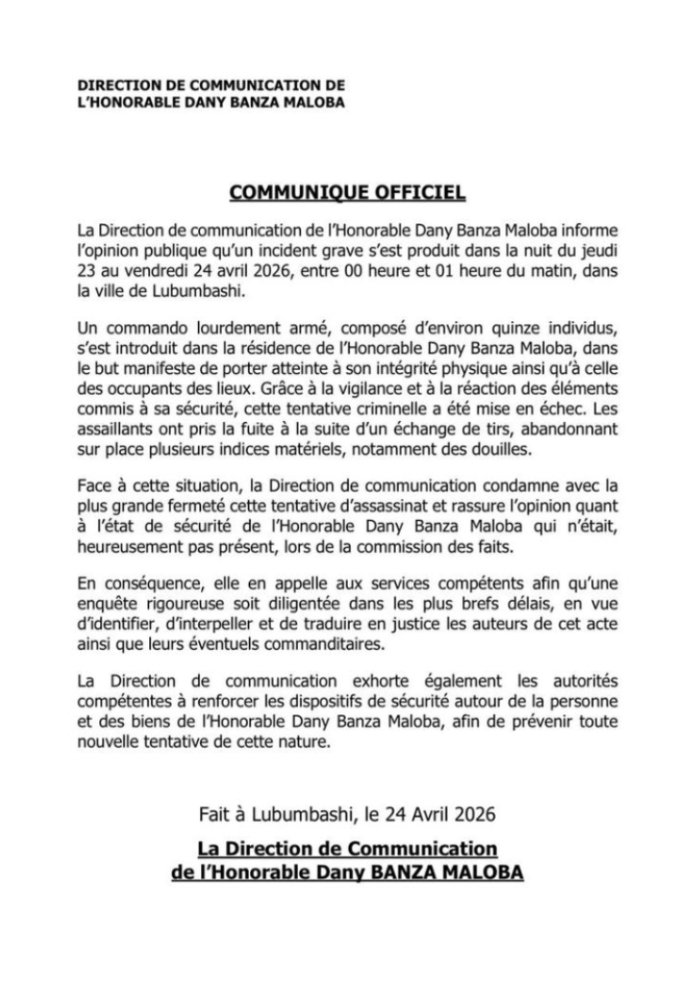 danybanzam's tweet photo. 🚨 Dans la nuit du 23 au 24 avril des hommes lourdement armés ont pénétré la résidence de l'hon. Dany Banza en son absence.  
Le sénateur dénonce cette attaque barbare et annonce une prime de 100.000 $ pour toute information nécessaire à leurs captures. https://t.co/NiLhq3P8rz