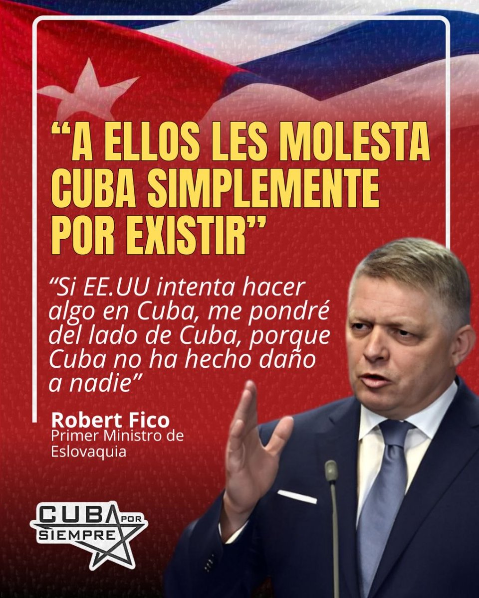 🇨🇺🇸🇮 En un firme pronunciamiento, el primer ministro de Eslovaquia, Robert Fico, manifestó su total respaldo a Cuba frente a las amenazas y la política de hostilidad mantenida por Estados Unidos.
#CubaNoEstáSola 
#CubaEstáFirme
