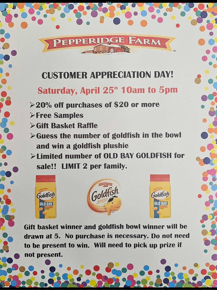 🎊 PEPPERIDGE FARM OUTLET CUSTOMER APPRECIATION DAY ~ SATURDAY, APRIL 25TH 🎊

Baking is the passion 👨‍🍳 Delicious is the mission 🍪 Customers are the heart of the journey 🧡

Thank you for your support &amp; smiles!

#gettysburgoutlets #gettysburg #snacks #sale #customerappreciation