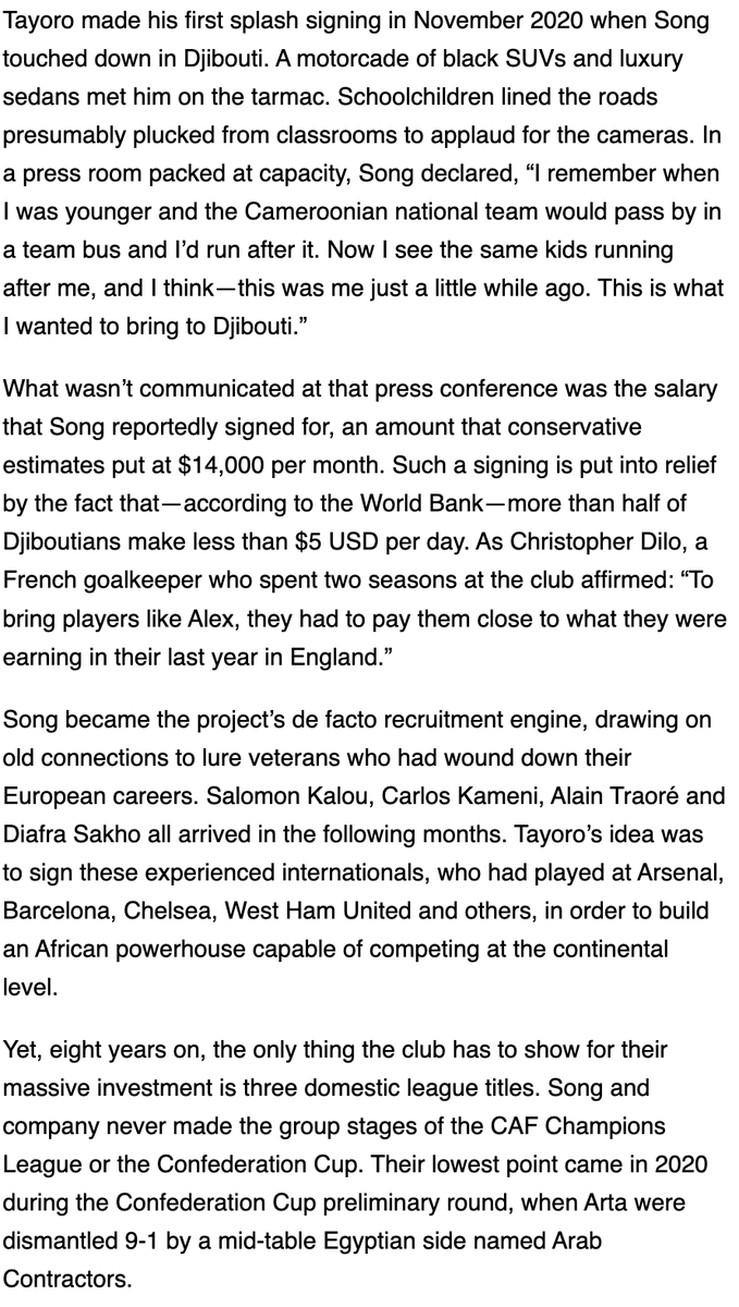 MezahiMaher's tweet photo. In this week's newsletter, we speak about Djiboutian club Arta Solar 7 - Africa's failed sportswashing project

Arta signed Alex Song, Carlos Kameni, Diafra Sakho, but never qualified for group stages of Confederation Cup or Champions League

Subscribe: https://t.co/rJaCUuxaCt https://t.co/IFmzSaIByk