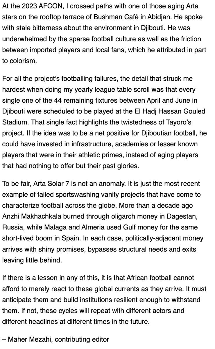 MezahiMaher's tweet photo. In this week's newsletter, we speak about Djiboutian club Arta Solar 7 - Africa's failed sportswashing project

Arta signed Alex Song, Carlos Kameni, Diafra Sakho, but never qualified for group stages of Confederation Cup or Champions League

Subscribe: https://t.co/rJaCUuxaCt https://t.co/IFmzSaIByk