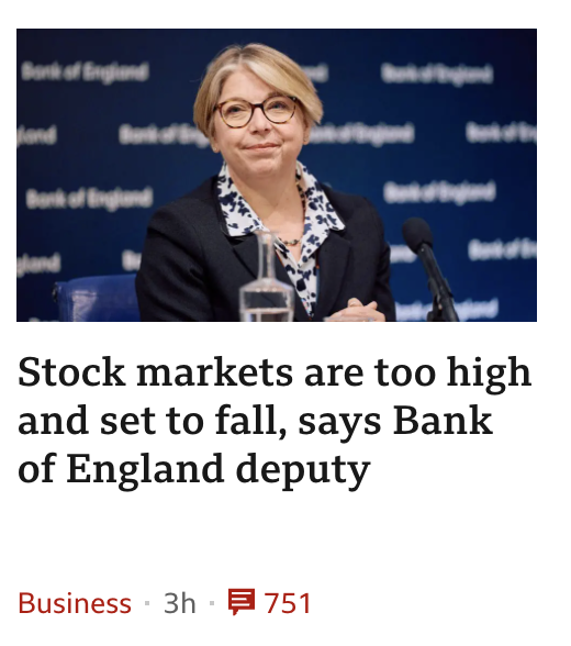 The Bank of England deputy says stock markets are overvalued and set to fall.

I find it all to be pretty ironic.

When you destroy money as a store of value through decades of money printing, near-zero interest rates, and relentless monetary debasement... capital has to go